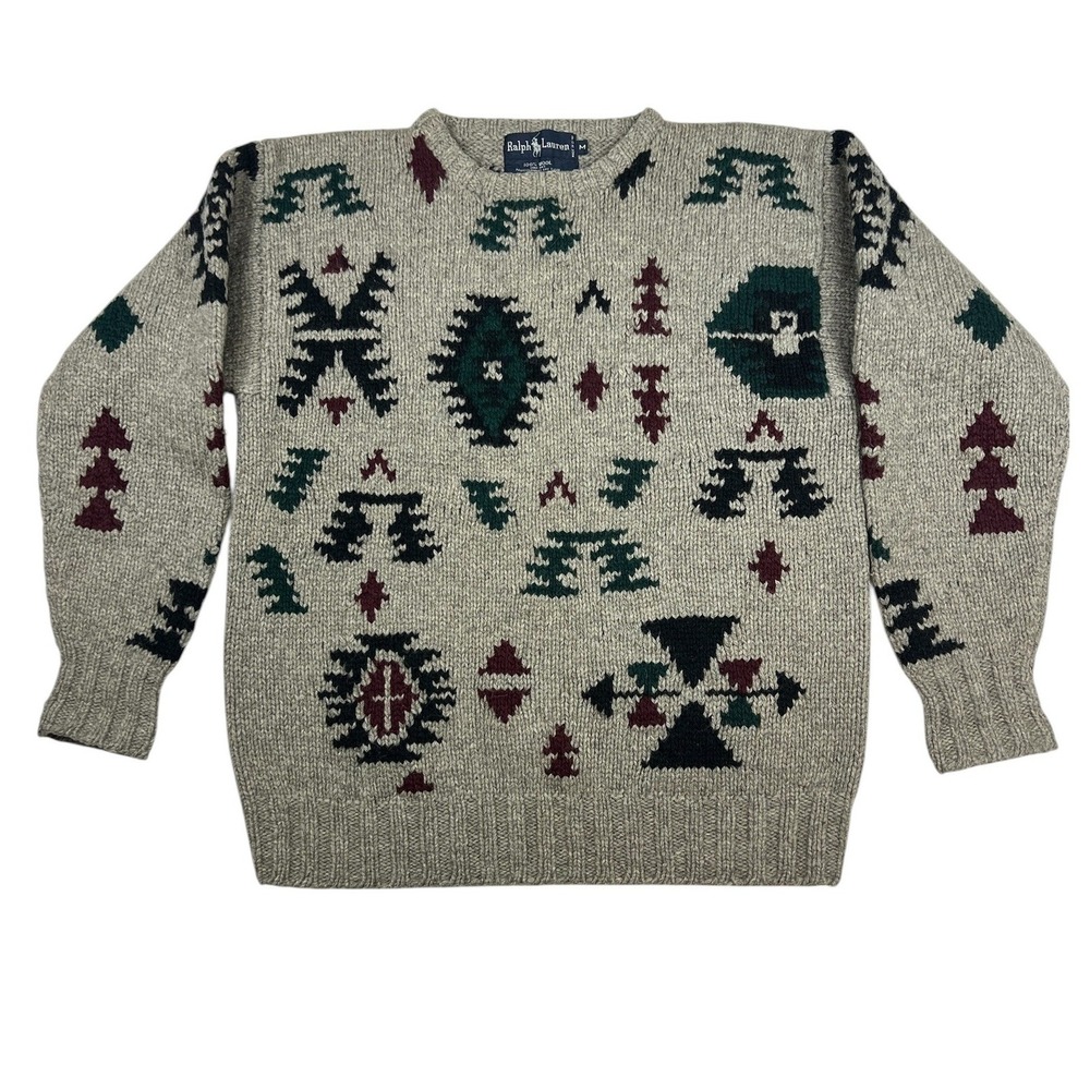 Vintage Ralph Lauren Hand Knit Wool Aztec Southwestern Sweater Cozy Grandpa M